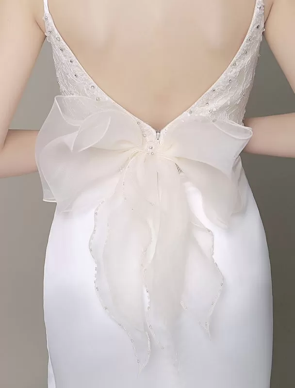 Satin Sheath Wedding Dress Plunging Neckline Bow Back Belt Lace Beading Evening Dress Exclusive