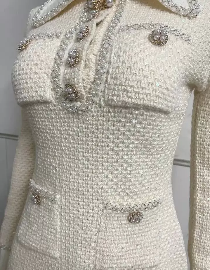 Sequined Knit Mini Dress in Beige