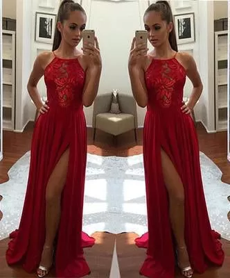 Sexy Unique Red A-Line Halter Split-Front Formal Dress Chiffon Sleeveless Long Prom Dresses