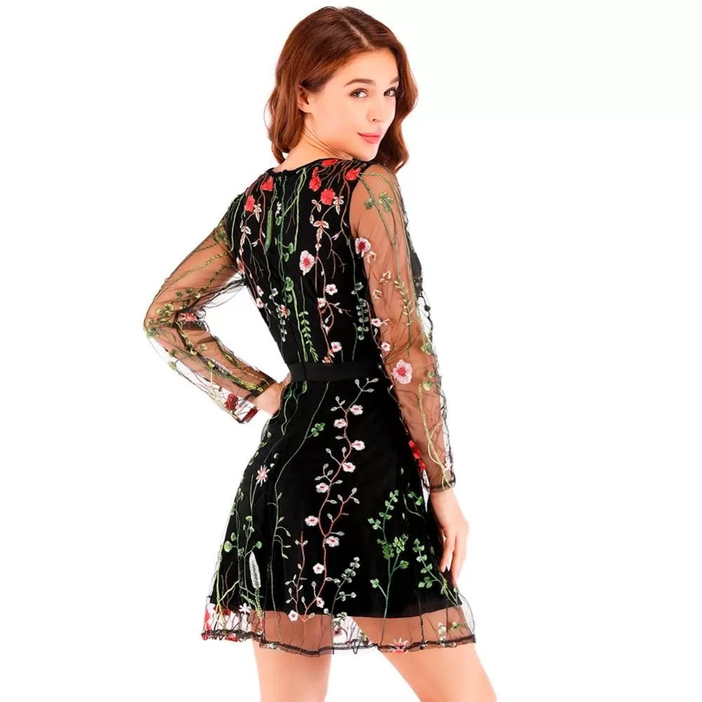 Sheer Mesh Boho Floral Embroidery Dress