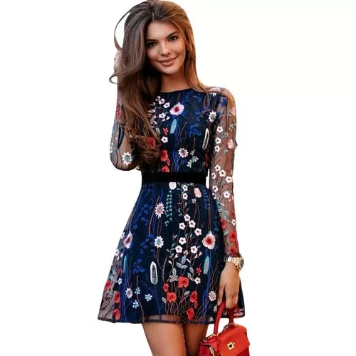 Sheer Mesh Boho Floral Embroidery Dress