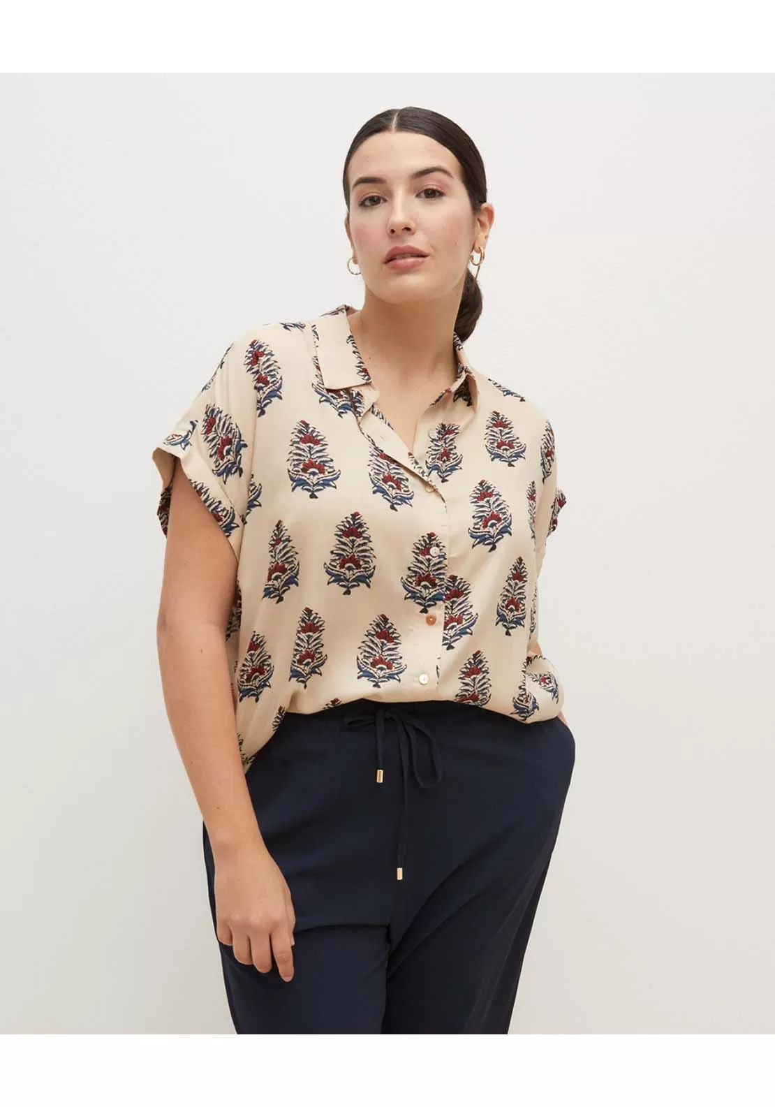 Short Sleeve Blouse Print Leave