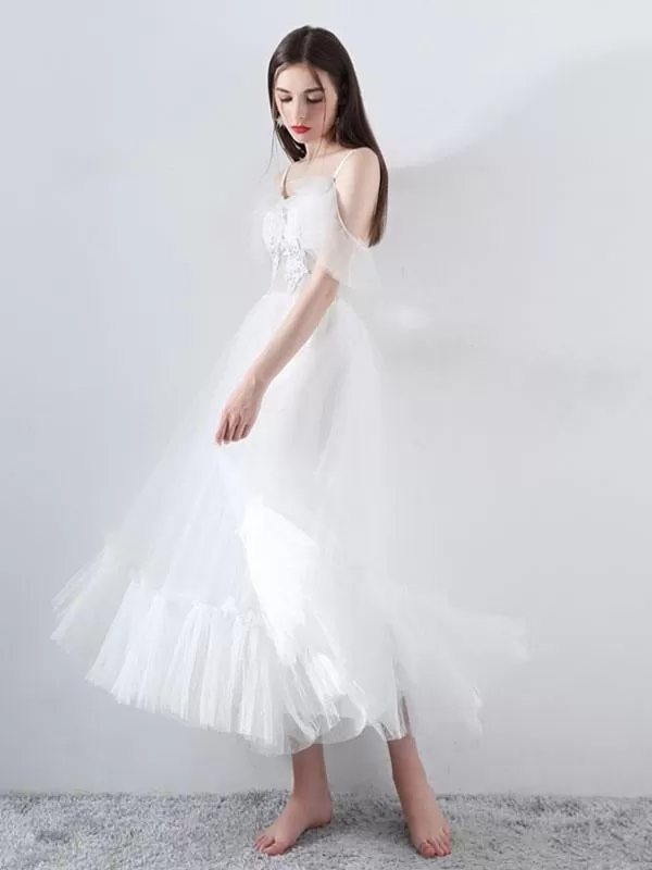 Short Wedding Dress 2021 A Line V Neck Short Sleeves Tea Length Bridal Dresses