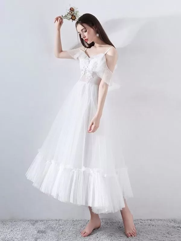 Short Wedding Dress 2021 A Line V Neck Short Sleeves Tea Length Bridal Dresses