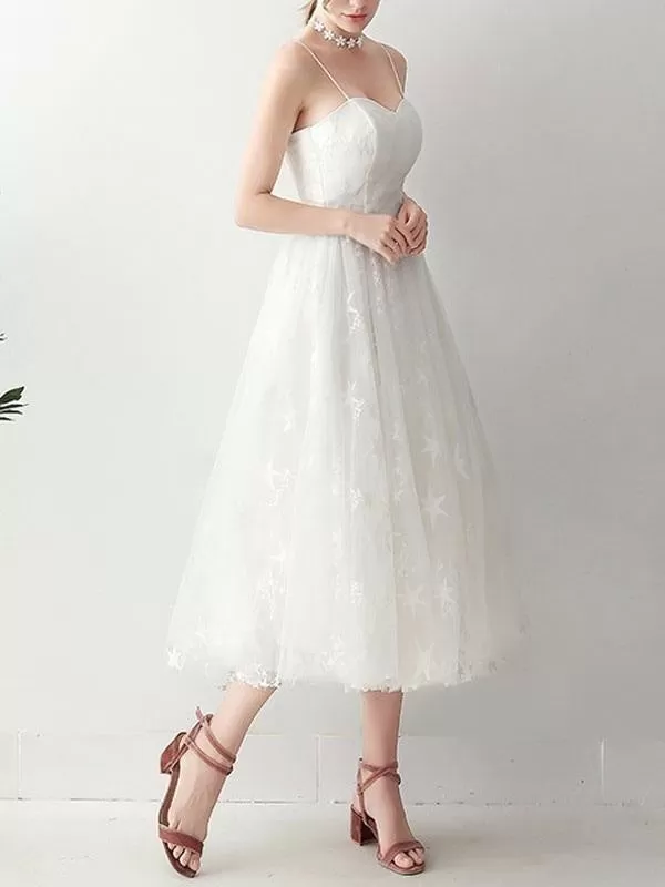 Short Wedding Dress2021 A Line Sweetheart Neck Sleeveless Tea Length Natural Waist Tulle Bridal Dresses