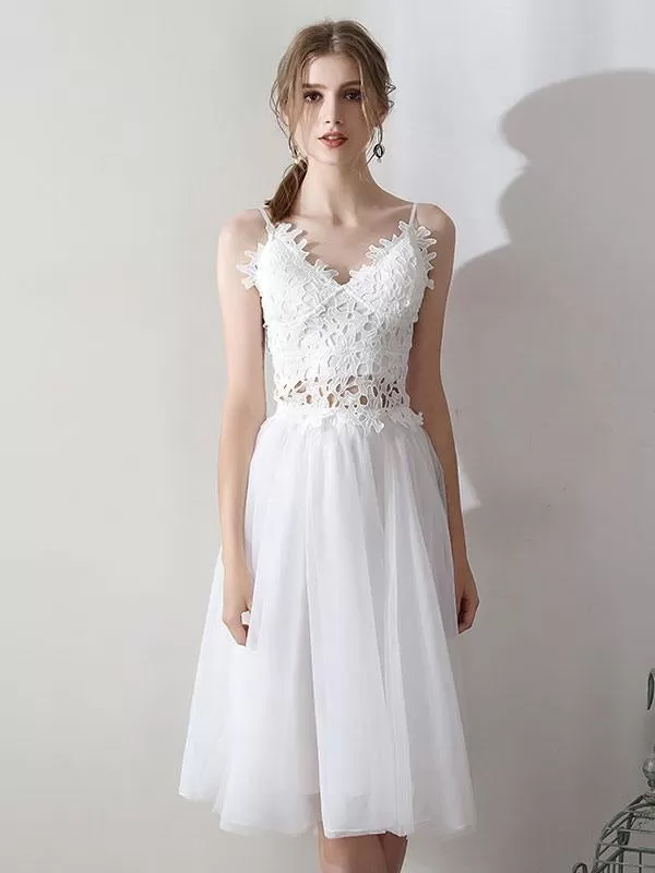 Short Wedding Dresses V Neck Sleeveless A Line Natural Tea Length Waist Organza Bridal Dresses