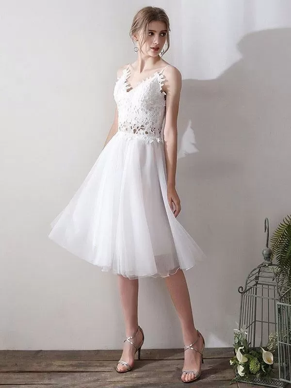 Short Wedding Dresses V Neck Sleeveless A Line Natural Tea Length Waist Organza Bridal Dresses