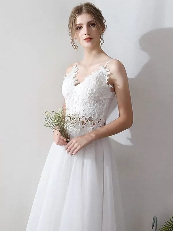 Short Wedding Dresses V Neck Sleeveless A Line Natural Tea Length Waist Organza Bridal Dresses