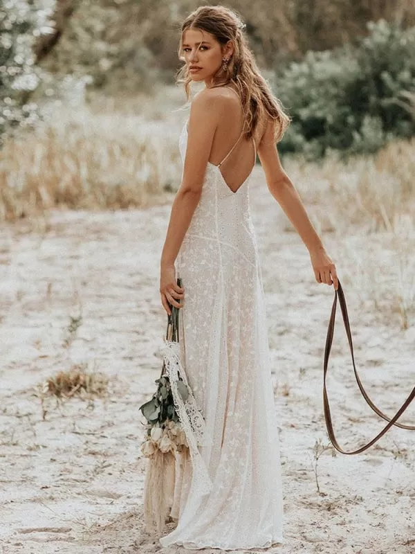 Simple Wedding Dress 2021 V Neck Straps Sleeveless Floor Length Boho Bridal Gown