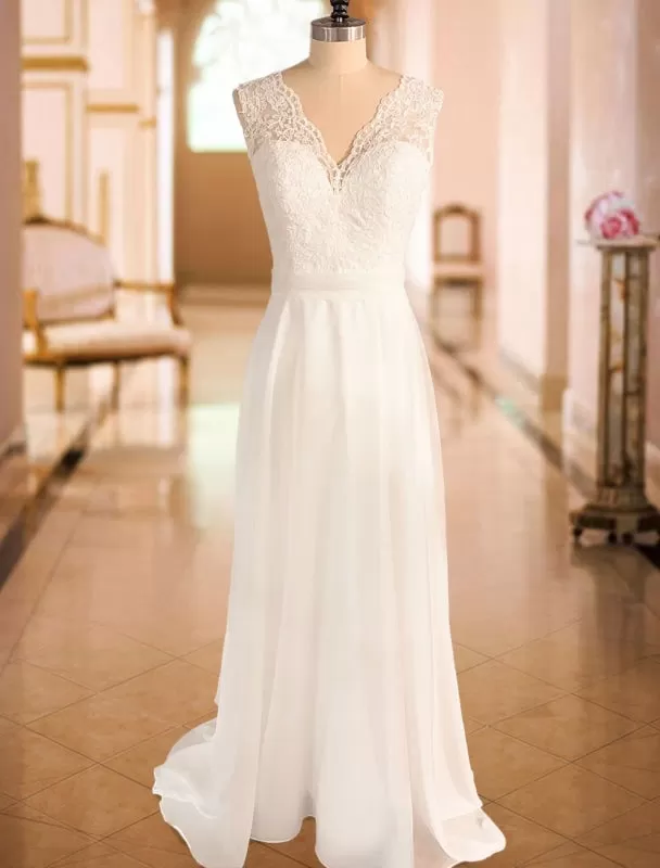 Simple Wedding Dress A Line Lace V Neck Sleeveless Bows Bridal Dresses With Chapel Train