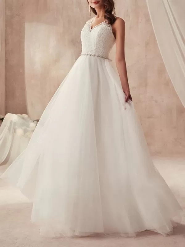 Simple Wedding Dress A Line V Neck Sleeveless Tulle Floor Length Sash Bridal Gowns