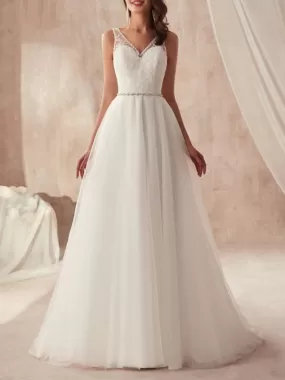 Simple Wedding Dress A Line V Neck Sleeveless Tulle Floor Length Sash Bridal Gowns