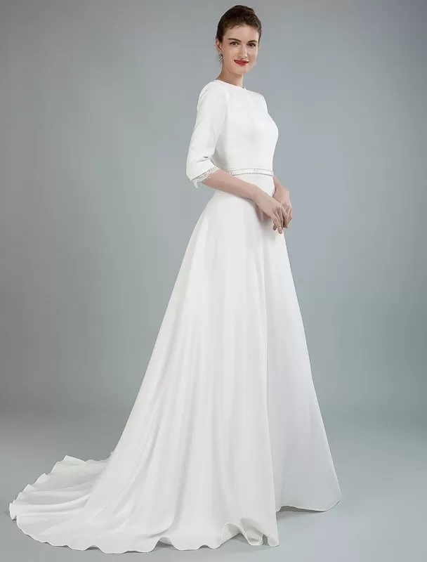 Simple Wedding Dress Beaded Sash Backless Bateau Neck Half Sleeves A Line Bridal Gowns With Court Train Exclusive