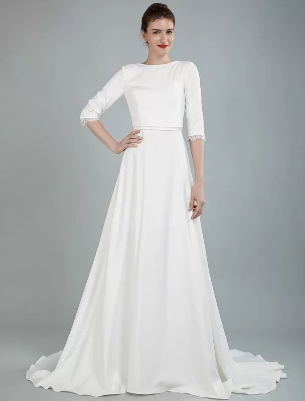 Simple Wedding Dress Beaded Sash Backless Bateau Neck Half Sleeves A Line Bridal Gowns With Court Train Exclusive