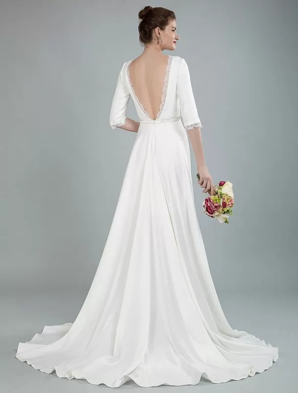 Simple Wedding Dress Beaded Sash Backless Bateau Neck Half Sleeves A Line Bridal Gowns With Court Train Exclusive