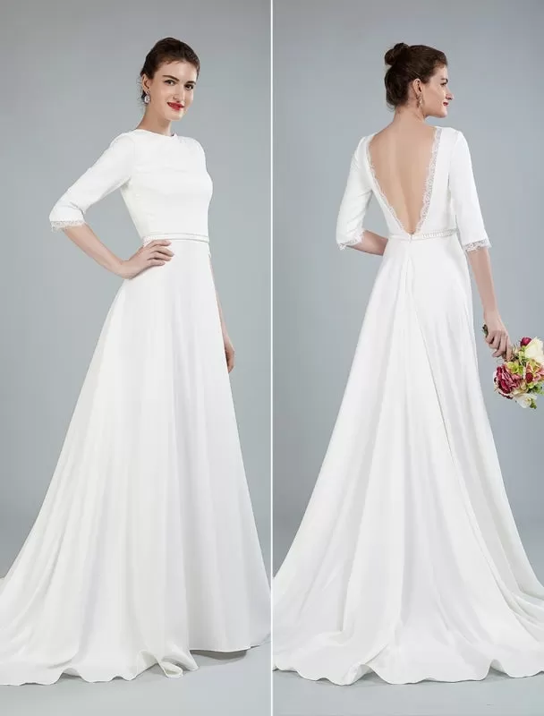 Simple Wedding Dress Beaded Sash Backless Bateau Neck Half Sleeves A Line Bridal Gowns With Court Train Exclusive