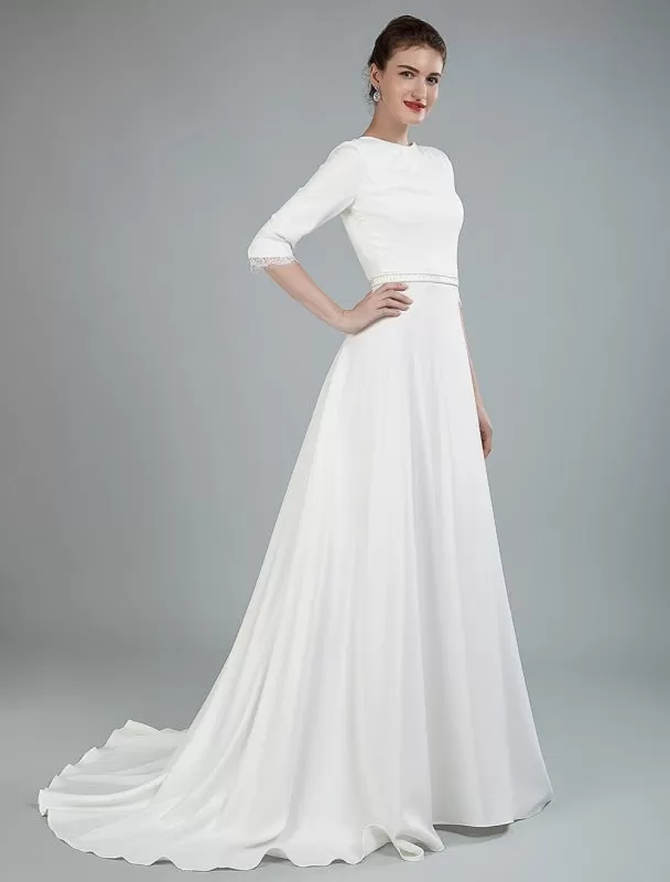 Simple Wedding Dress Beaded Sash Backless Bateau Neck Half Sleeves A Line Bridal Gowns With Court Train Exclusive