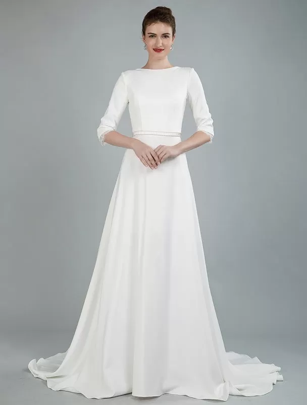 Simple Wedding Dress Beaded Sash Backless Bateau Neck Half Sleeves A Line Bridal Gowns With Court Train Exclusive