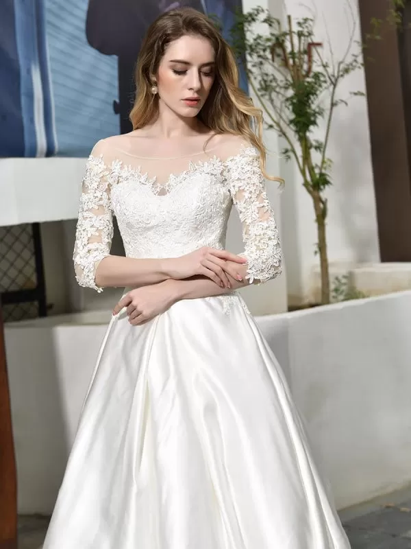 Simple Wedding Dress Jewel Neck Half Sleeves A Line Beaded Bridal Dresses With Train