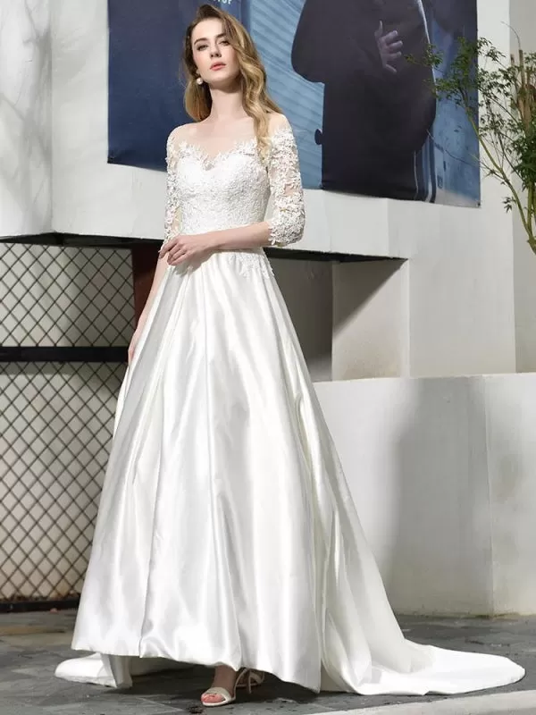 Simple Wedding Dress Jewel Neck Half Sleeves A Line Beaded Bridal Dresses With Train