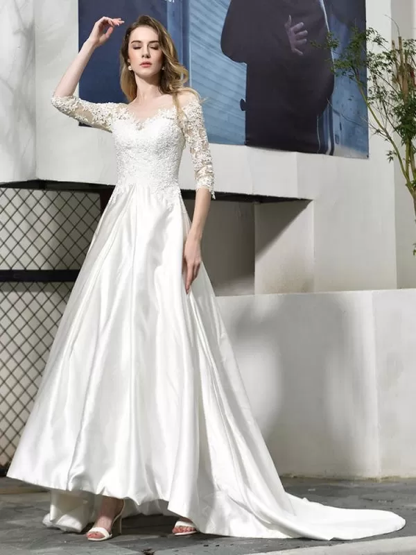 Simple Wedding Dress Jewel Neck Half Sleeves A Line Beaded Bridal Dresses With Train