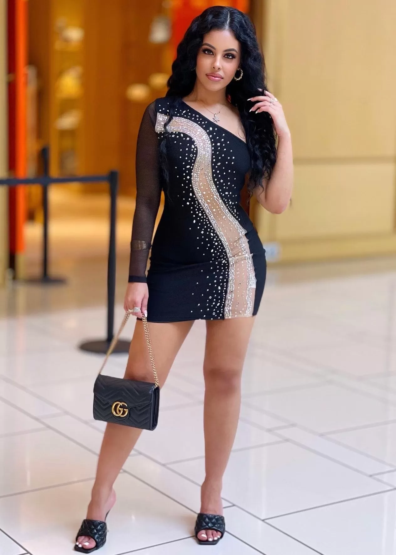 Sitra One Shoulder Mesh Rhinestone Mini Dress