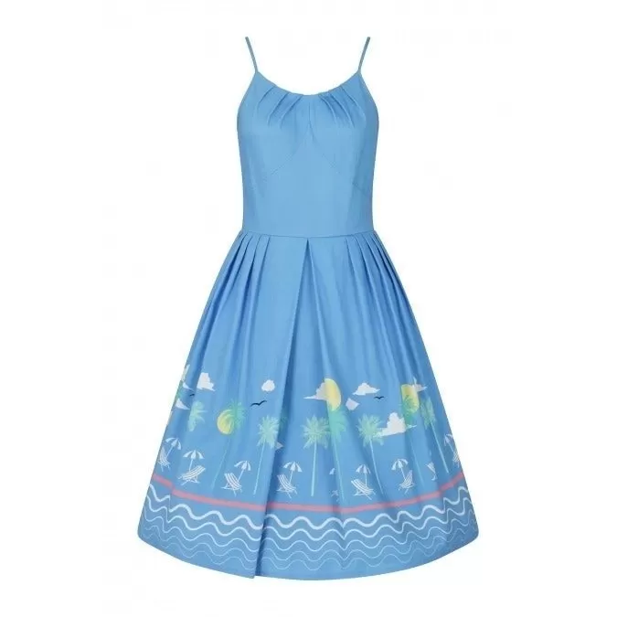 Sky Blue Beach Print Summer Cotton 50s Swing Dress