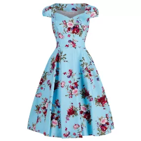 Sky Blue Vintage Floral Blossom Rockabilly 50s Swing Dress