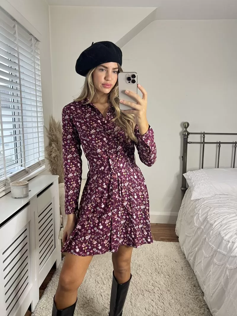 Slaytwins Cassie Ditsy Floral Mini Shirt Dress - Wine