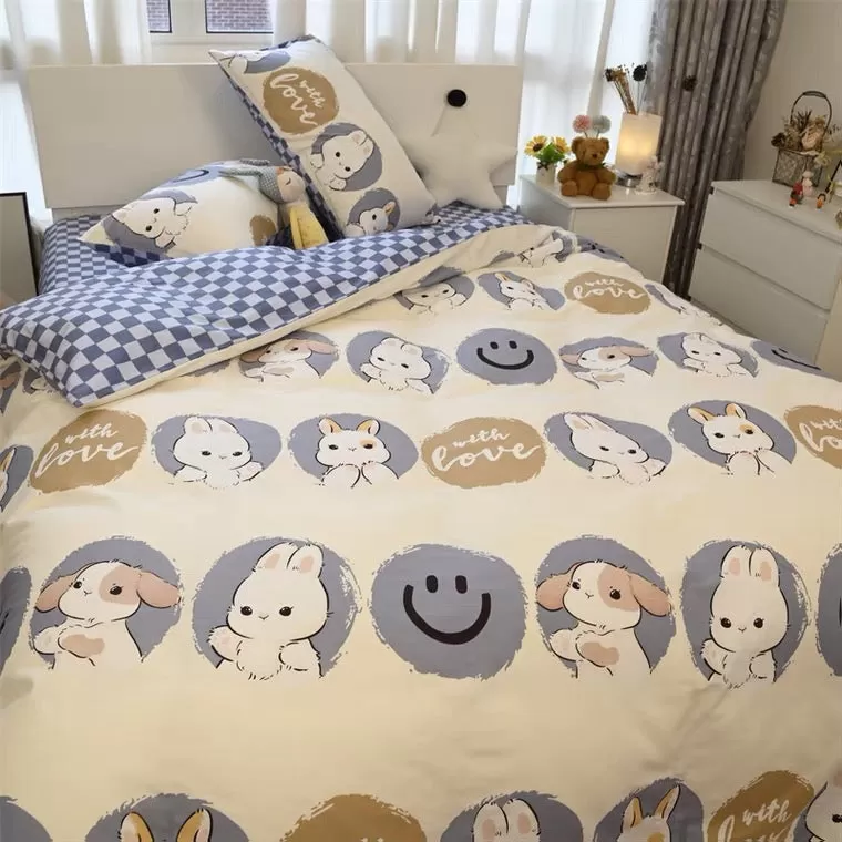 Smile face rabbit cotton bedding sets duvet cover pillow case bed sheet