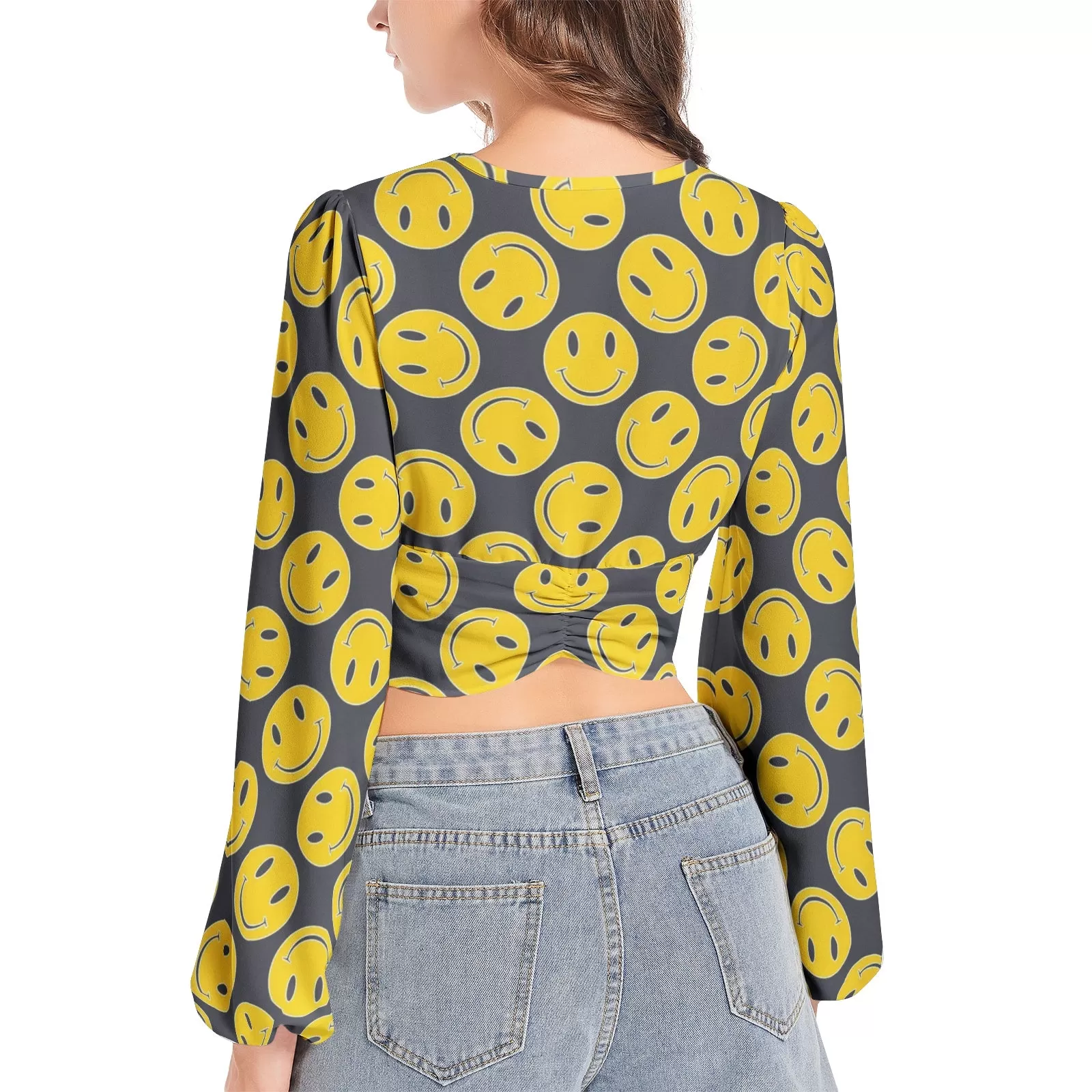 Smiley Face Women's Deep V-Neck Lantern Sleeve Crop Top