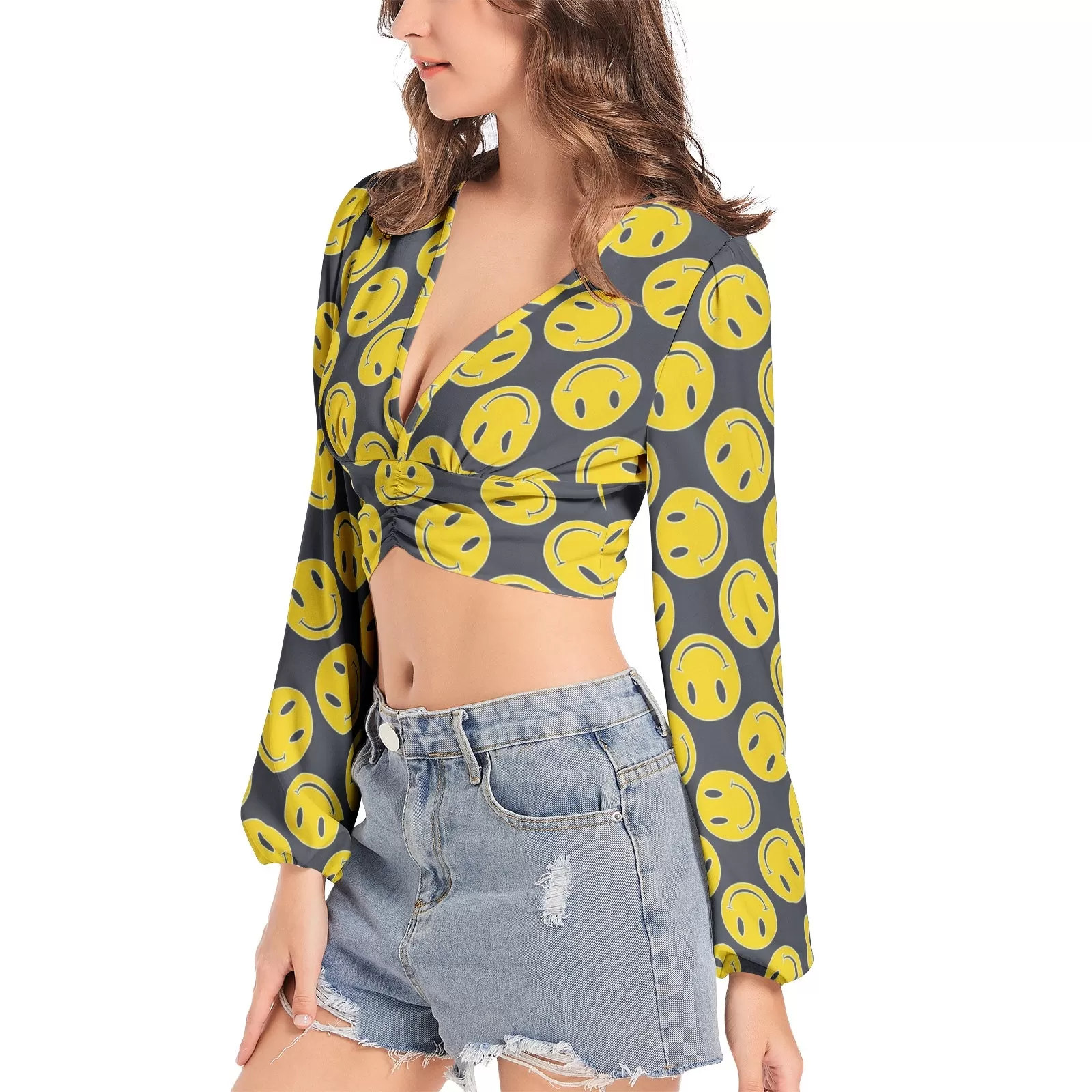 Smiley Face Women's Deep V-Neck Lantern Sleeve Crop Top