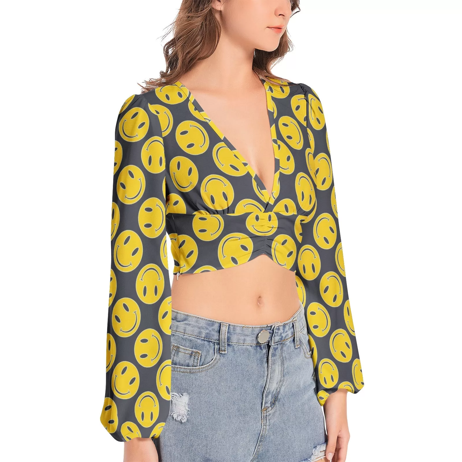 Smiley Face Women's Deep V-Neck Lantern Sleeve Crop Top