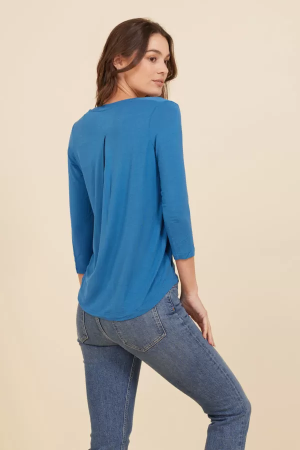 Soft Touch 3/4 Sleeve Pleat Back V-Neck in Ocean