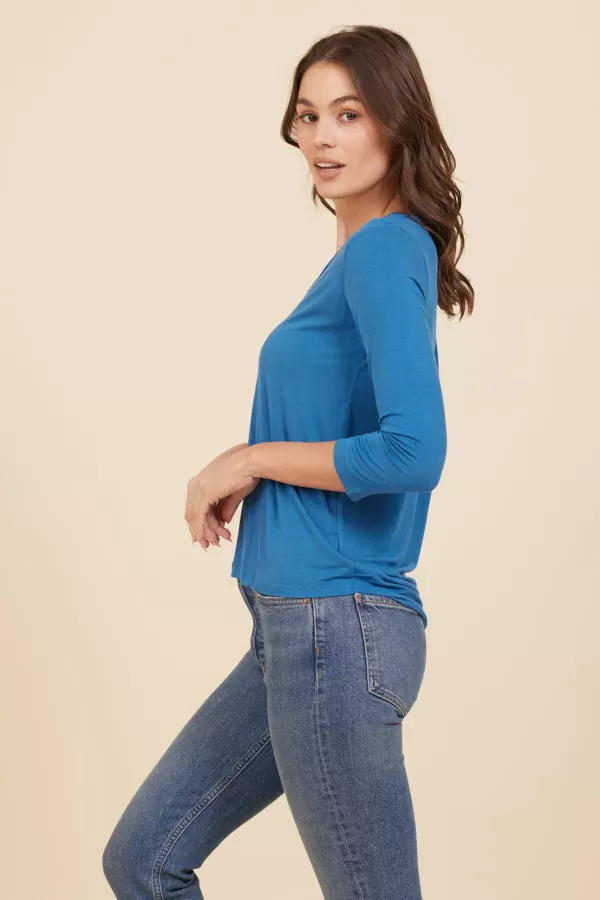 Soft Touch 3/4 Sleeve Pleat Back V-Neck in Ocean