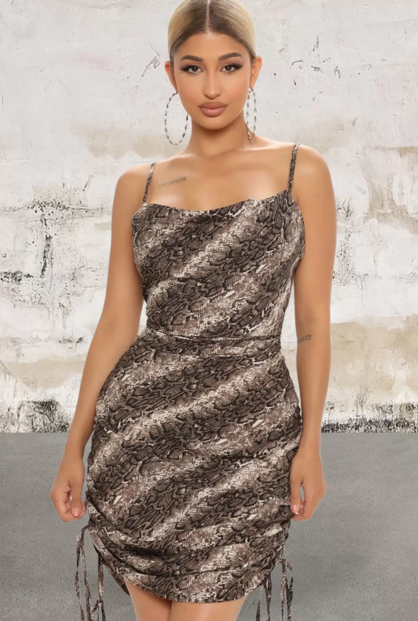 Spaghetti strap snake print rushed mini dress