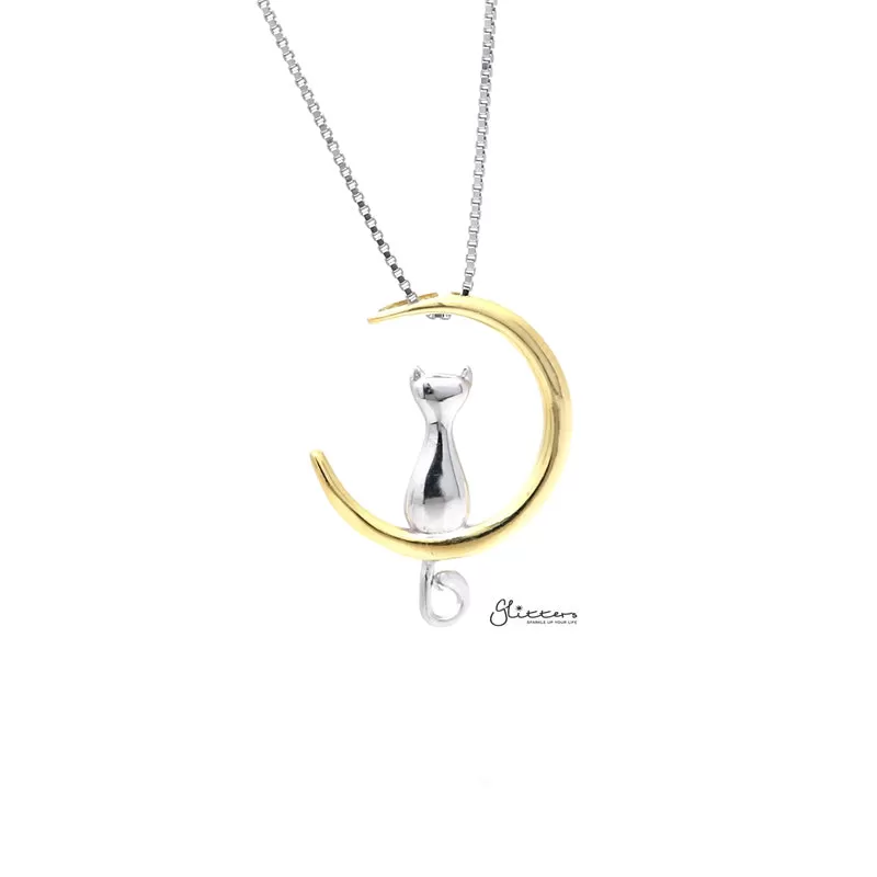 Sterling Silver Cat on the Moon Two Tone Pendant Necklace