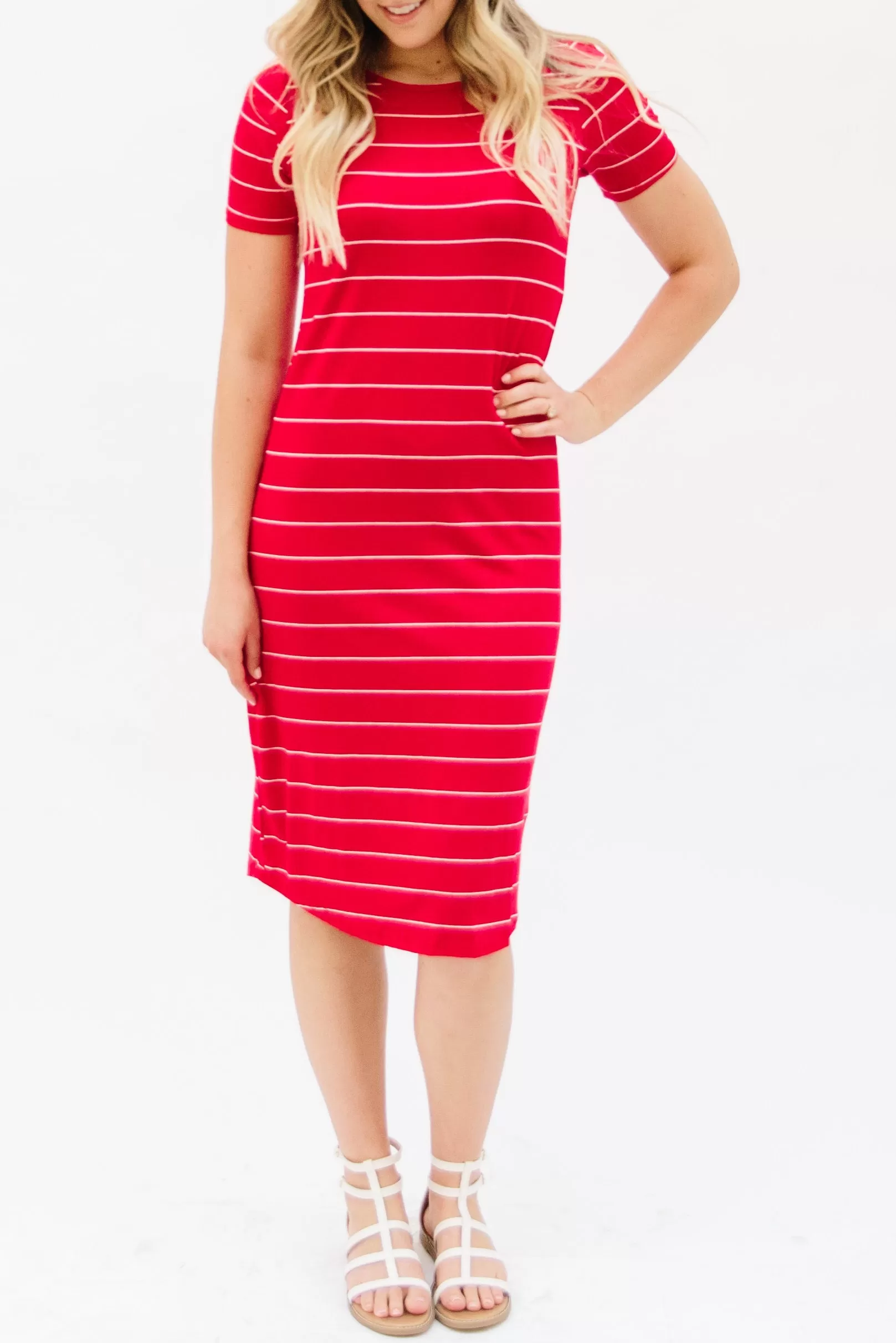 Striped Tee Dress: Red with Thin White Stripe