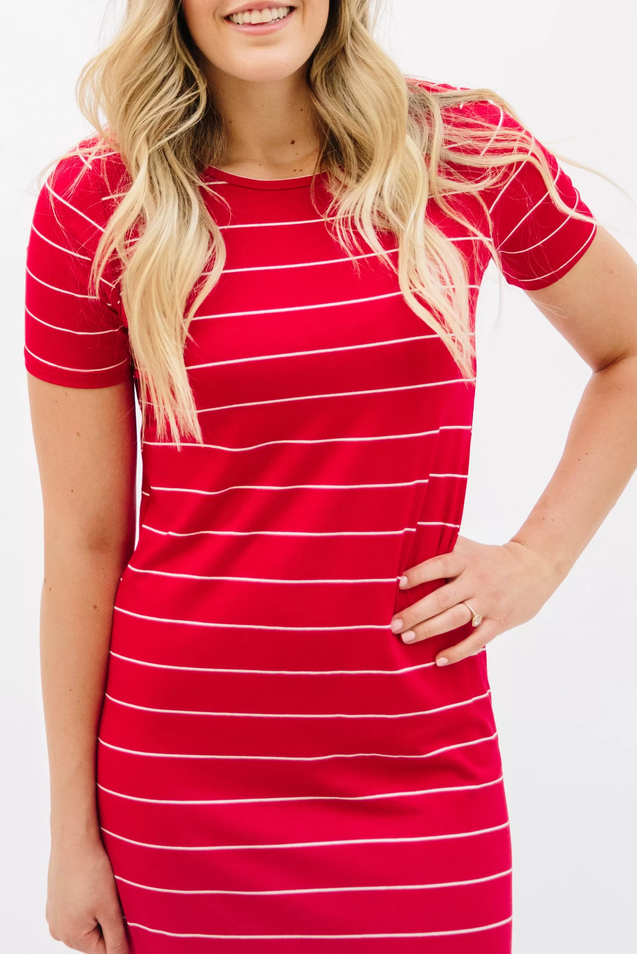 Striped Tee Dress: Red with Thin White Stripe