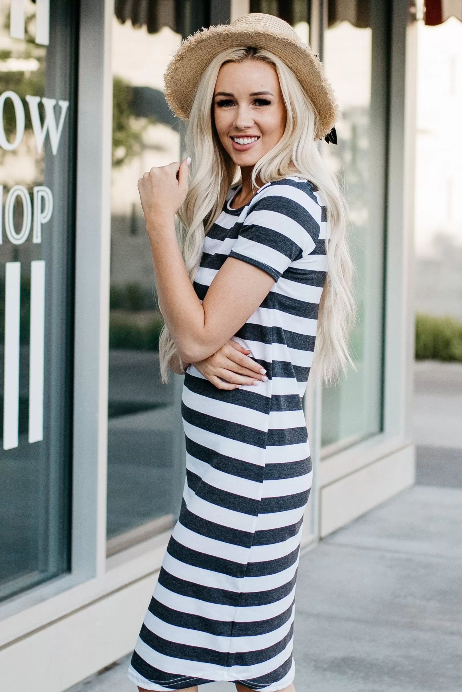 Striped Tee Dress: White and Charcoal Thick Stripes