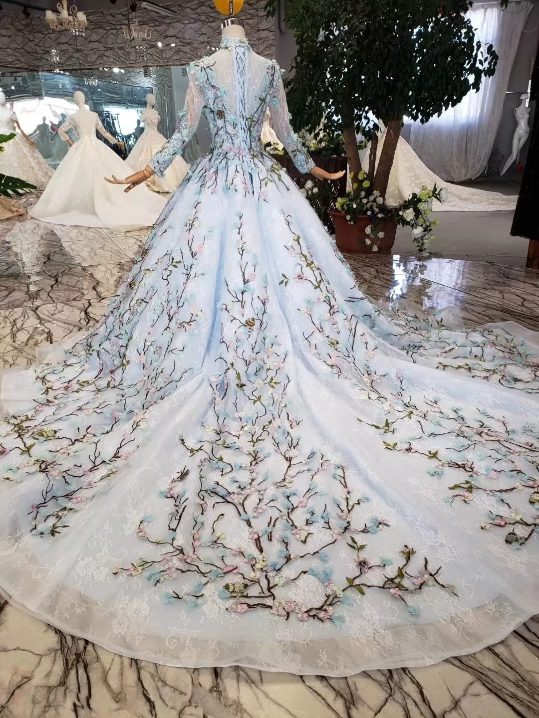 Stunning Light Blue Long Sleeve Wedding Dresses High Neck Quinceanera Dresses