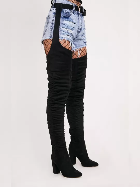 Suede Belt Thigh High Block Heels Boots