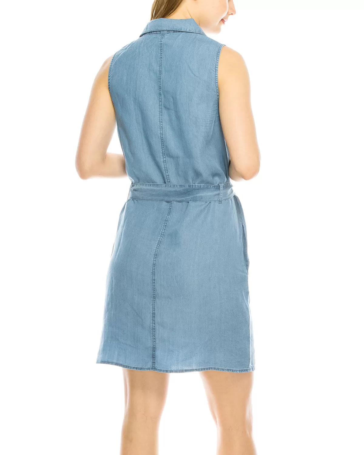 Summer Button Down Denim Shirt Dress Tunic with Front Tie Waist