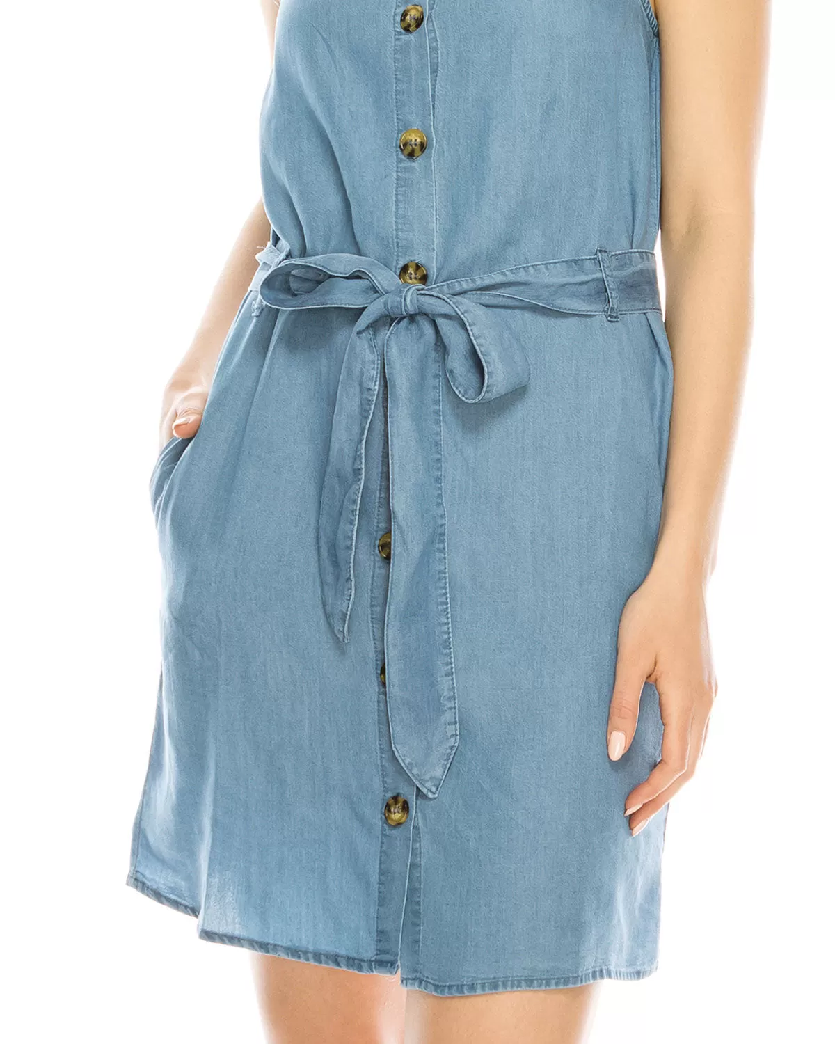 Summer Button Down Denim Shirt Dress Tunic with Front Tie Waist