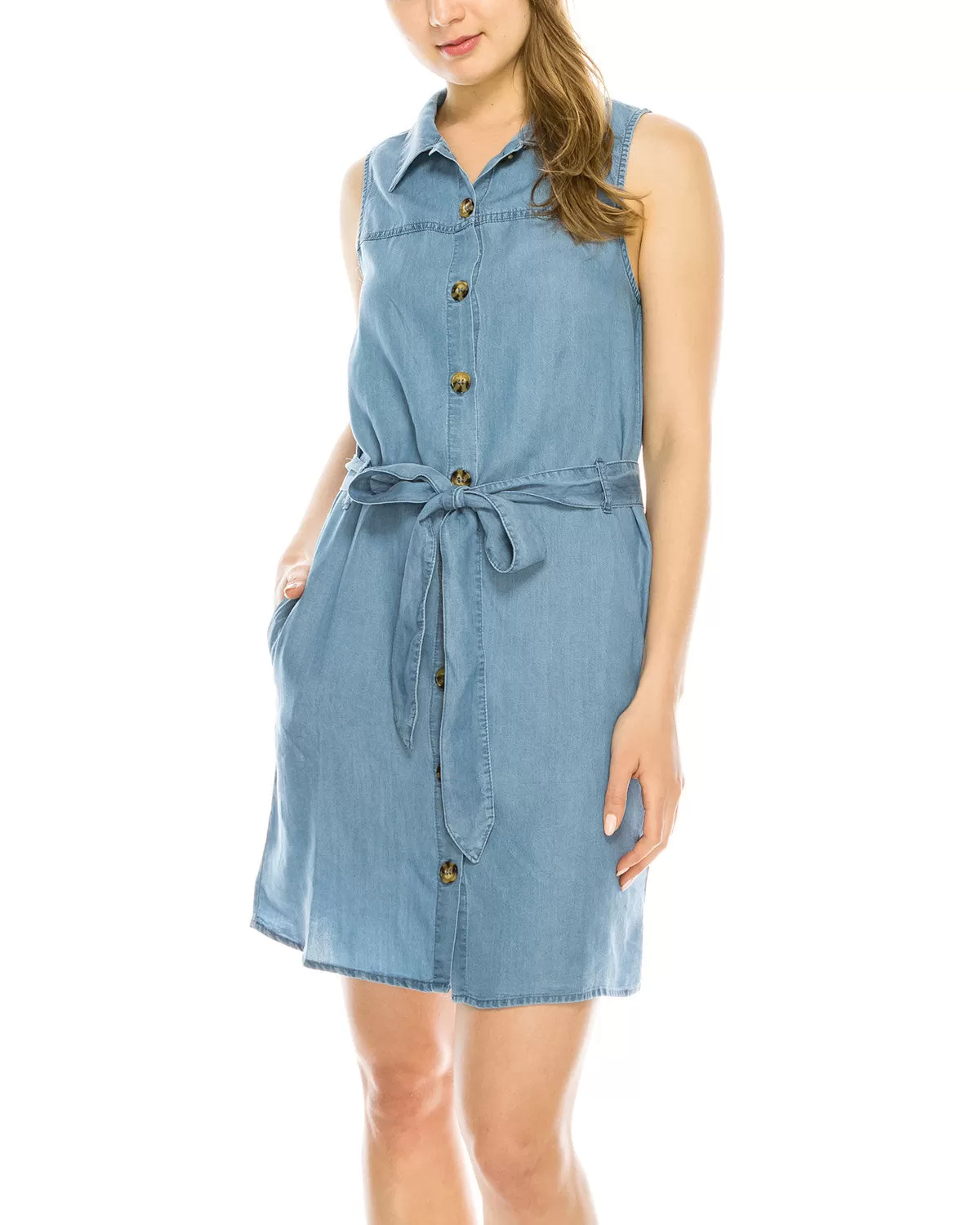 Summer Button Down Denim Shirt Dress Tunic with Front Tie Waist