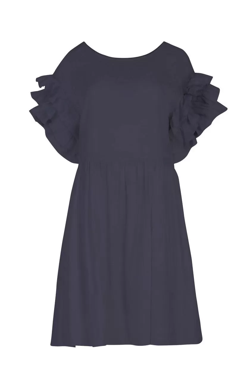 Summer Days Smock Frill Sleeve Navy Linen Mini Dress