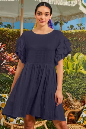 Summer Days Smock Frill Sleeve Navy Linen Mini Dress