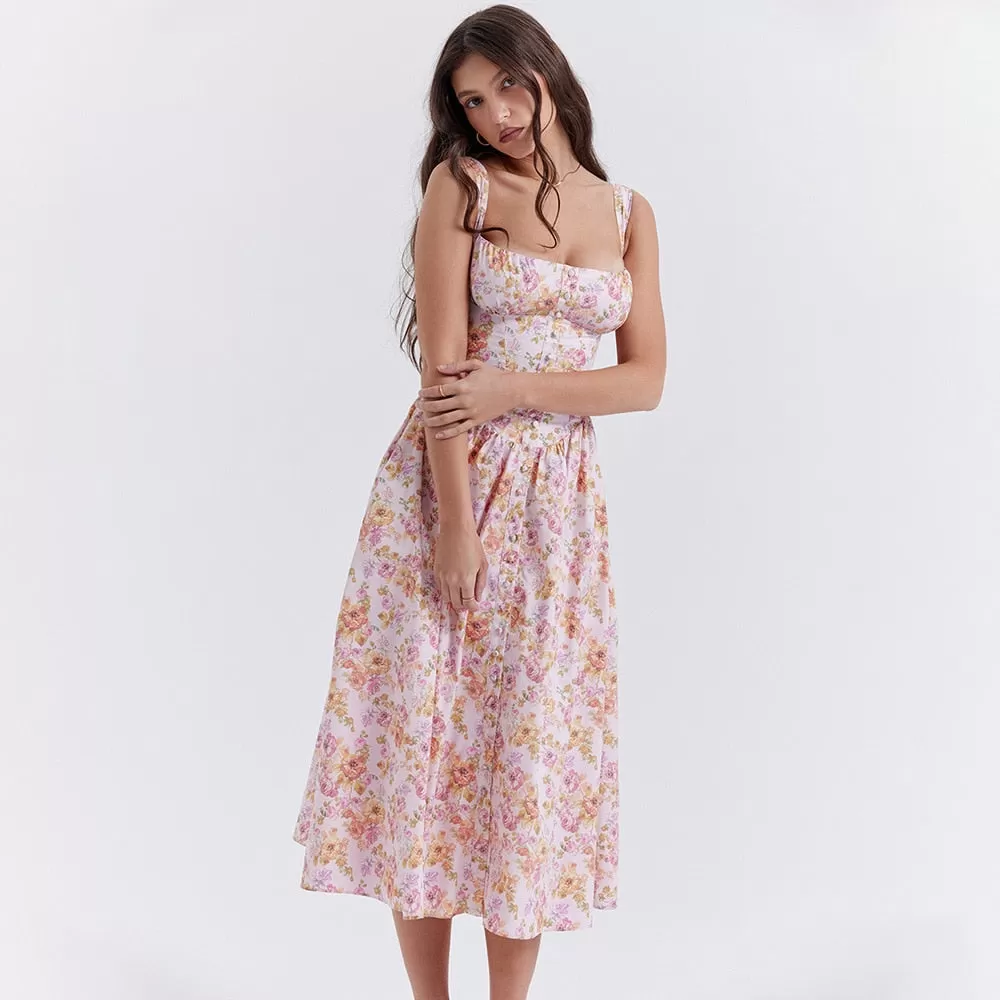 Summer Elegant Midi Dress Casual Pink Button Floral Print Holiday Party Long Dresses for Women New In Dresses 2023