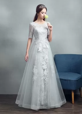 Summer Wedding Dresses 2021 Grey Lace Applique Maxi Bridal Gown Backless Half Sleeve Floor Length Bridal Dress