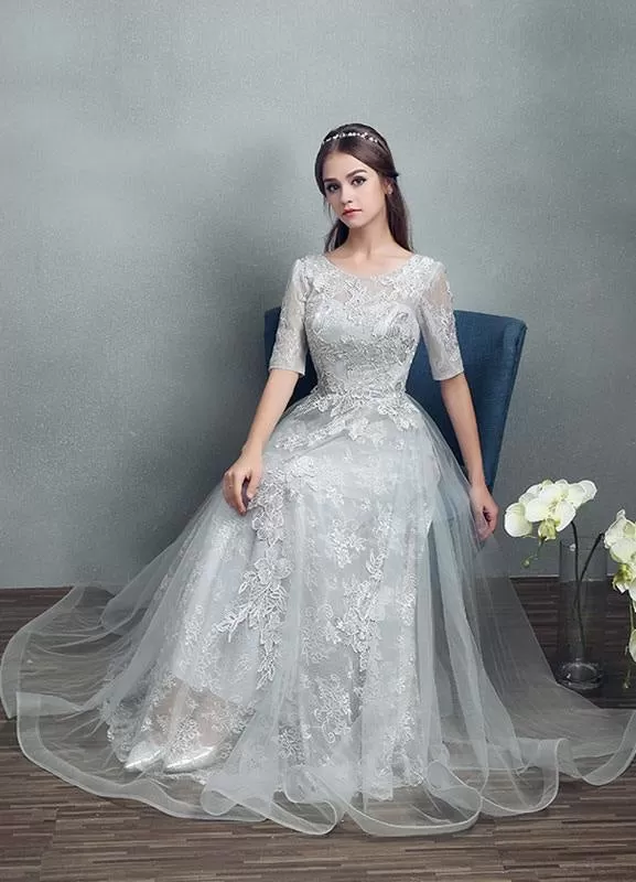 Summer Wedding Dresses 2021 Grey Lace Applique Maxi Bridal Gown Backless Half Sleeve Floor Length Bridal Dress